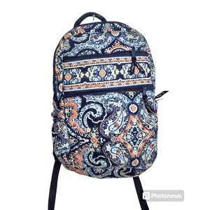 Vera Bradley Navy Paisley Quilted Backpack - Orange & Light Blue Accents